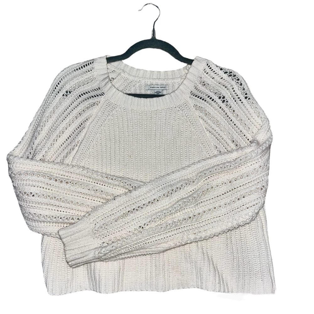 AE Cream Cropped Crew Neck Puff Sleeve Sweater